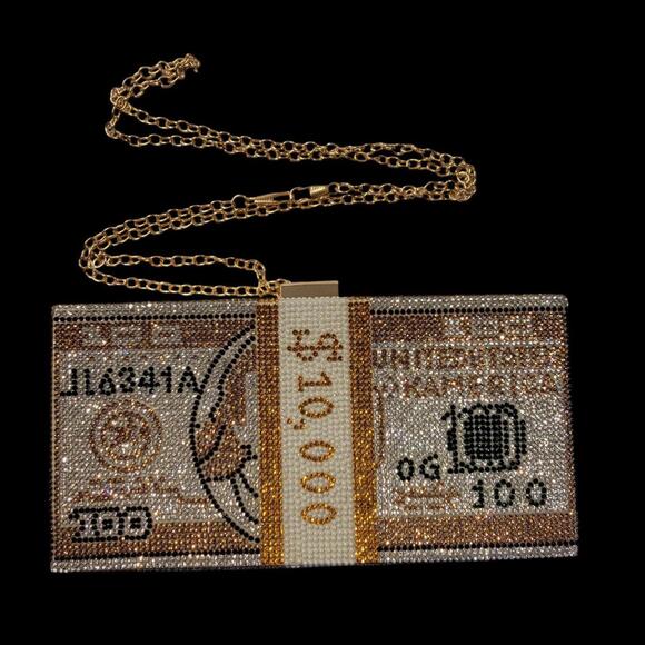 Fashionable Gold and Clear Rhinestones 10K US Dollar Money Purse - Picture 3 of 9